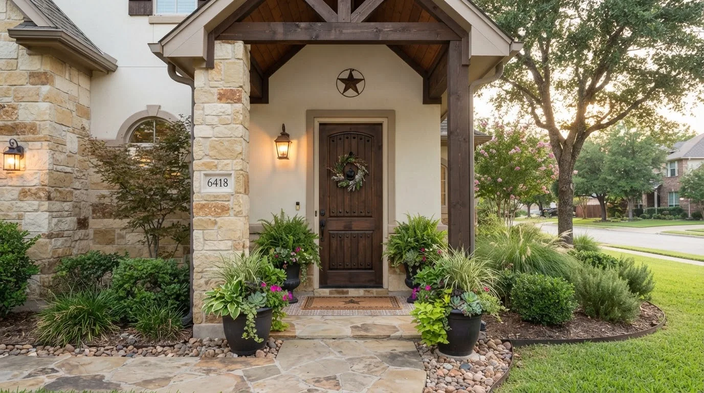 The front door of a Texas home with the porch light on