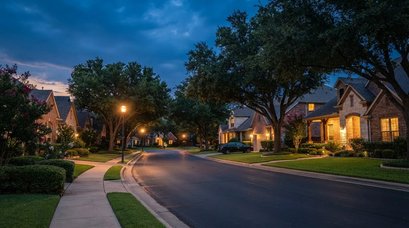 A quiet Texas residential street at dusk with porch lights on